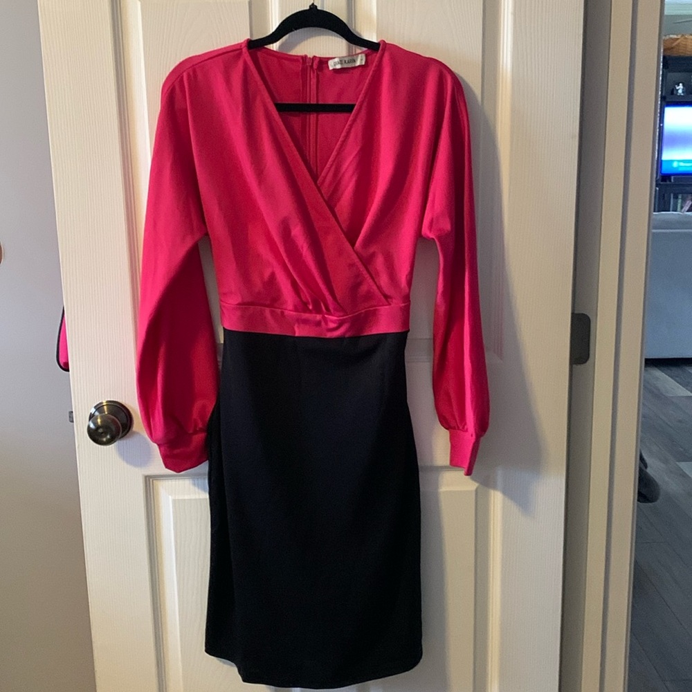 Hot pink & black mock wrap, long sleeved dress. Size large. Work once.